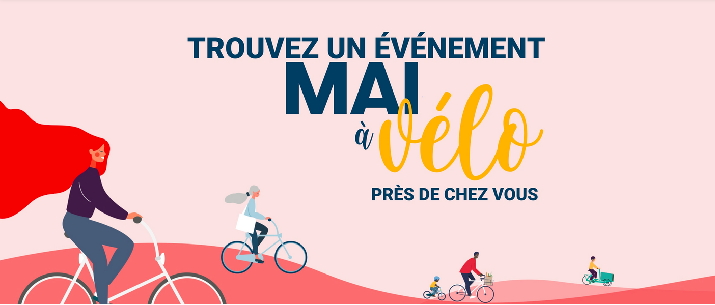 affiche de l'évènement mai à vélo 2022, des gens font du vélo dont une femme au premier plan avec un longue chevelure rousse. Elle est très jolie.