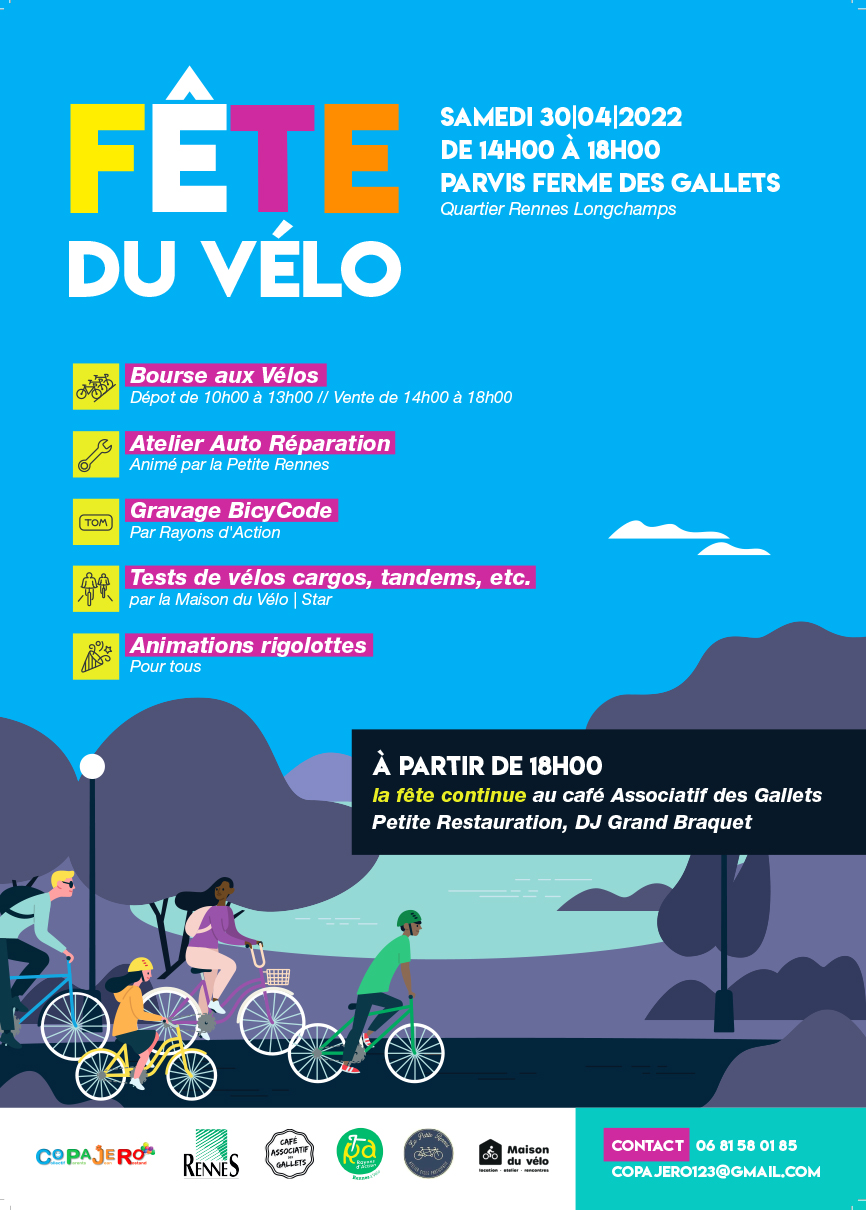 affiche de la fête du vélo aux longschamps le samedi 30 avril 2022 à partir de 14H. elle est rès jolie avec ses couleurs vives